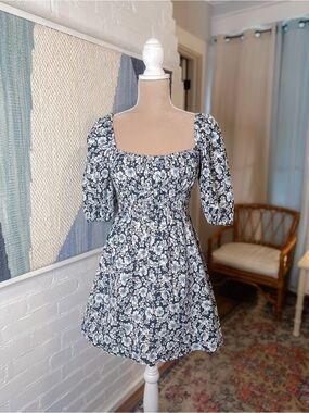 Altar'd State Navy and Blue Floral Puff Sleeve Dress